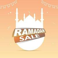 Ramadan Sale Poster Design With Silhouette Mosque, Stars And Bunting Flags On Peach Background. vector