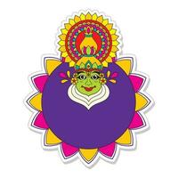 Sticker Style Kathakali Dancer Face With Empty Mandala Frame On White Background. vector