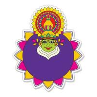 pegatina estilo Kathakali bailarín cara con vacío mandala marco en blanco antecedentes. vector