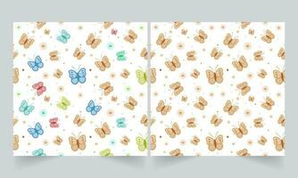 Seamless Pattern Of Butterflies And Flowers On White Background In Two Options. vector