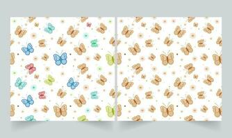 Seamless Pattern Of Butterflies And Flowers On White Background In Two Options. vector