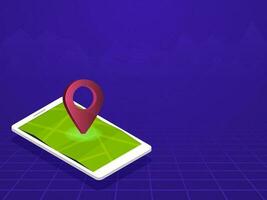 3D Render Of GPS Map Navigation App In Smartphone Screen Against Violet Grid Background. vector