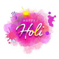 Happy Holi Font With Hand Prints On Splash Watercolor Effect Background. vector