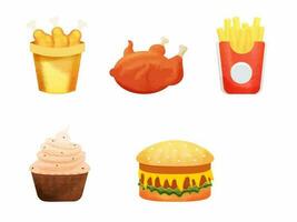 Chicken With French Fries, Cupcake And Burger Unhealthy Food Element Set. vector