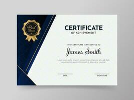 certificado de logro modelo diseño con dorado Insignia en blanco y azul color. vector