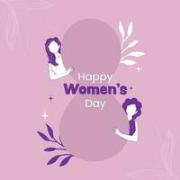 Happy Women's Day Concept With Silhouette 8 Number Behind Faceless Young Girls And Leaves On Pink Background. vector