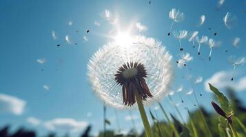 diente de león con semillas soplo lejos azul cielo, generativo ai foto