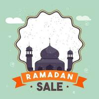 Ramadán rebaja póster diseño con mezquita ilustración en blanco y turquesa antecedentes. vector