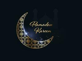 Golden Ramadan Kareem Font With Ornament Crescent Moon And Light Effect On Blue Silhouette Mosque Background. vector