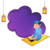 Religious Muslim Man Reading Quran Shareef Holy Book On Mat With Hanging Lanterns And Given Space For Text Message For Islamic Festival Concept. vector