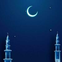 Night Time Blue Background With Crescent Moon, Mosque Minarets And Space For Text Your Message For Islamic Festival Concept. vector