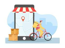 Delivery Boy Riding Bicycle With Parcel Boxes And Location Tracking App In Smartphone On White And Blue Background. vector