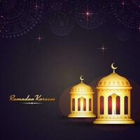 Golden Ramadan Kareem Font With 3D Illuminated Arabic Lanterns And Lights Effect On Purple Mandala Background. vector