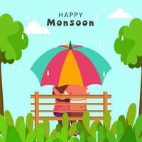 Happy Monsoon Poster Design With Back View Of Young Couple Sitting At Bench Under Umbrella And Trees On Water Drops Cyan Background. vector