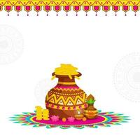 Vector Illustration Of Golden Treasure Pot With Traditional Pot, Lit Oil Lamp, Lotus Flowers And Copy Space On White Background.