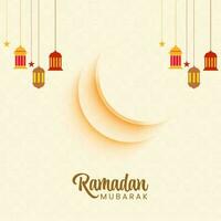 Ramadán Mubarak concepto con lustroso creciente luna, colgando linternas y estrellas decorado antecedentes. vector