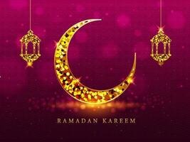 Golden Ramadan Kareem Text With Light Effect Crescent Moon, Lanterns Hang On Dark Pink Bokeh Islamic Pattern Background. vector