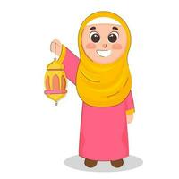 Islamic Young Girl Holding Lantern On White Background. vector