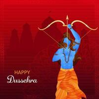 Happy Dussehra Celebration Concept With Hindu Mythology Lord Rama Taking An Aim On Red Silhouette Ayodhya View Background. vector