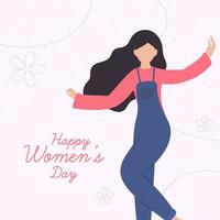 Happy Women's Day Font With Faceless Young Girl Waving Her Arms On Pastel Pink Background. vector