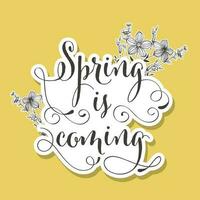 Sticker Style Spring Is Coming Font With Linear Floral On Yellow Background. vector