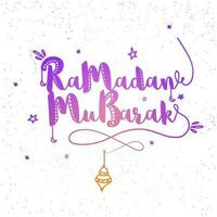 Ramadan Mubarak Font Decorated With Stars, Lantern Hang On White Background. vector