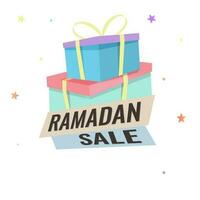 Ramadan Sale Poster Design With Gift Boxes And Stars On White Background. vector