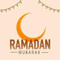 Brown Ramadan Mubarak Font With Orange Crescent Moon And Bunting Flags On Pale Peach Background. vector