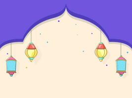 Islamic Festival Greeting Card Decorated With Hanging Arabic Lanterns And Copy Space On Peach And Purple Background. vector