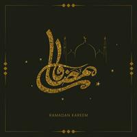 Arábica caligrafía de dorado Ramadán kareem con brillante estrellas y línea Arte mezquita en negro antecedentes. vector