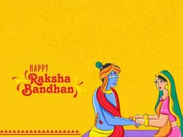 Happy Raksha Bandhan Celebration Concept With Illustration Of Indian Woman Or Subhadra Tying Rakhi To Lord Krishna On Chrome Yellow Paisley Pattern Background. vector