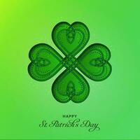 Happy St. Patrick's Day Font With Knitted Or Knot Clover Leaf On Glossy Green Background. vector
