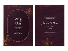 Wedding Invitation Cards With Event Details In Purple Color. vector