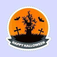 Sticker Style Happy Halloween Font With Tombstones, Scary Tree, Flying Bats On Orange And Blue Background. vector