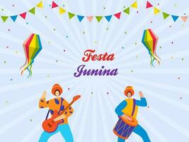 festa junina letras con dibujos animados brasileño hombres jugando música instrumento, vistoso linternas colgar y verderón banderas en azul rayos antecedentes. vector