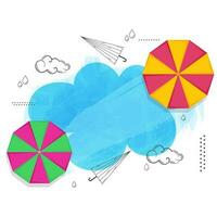 Top View Of Umbrella With Drops, Clouds And Copy Space On White And Blue Brush Effect Background. vector