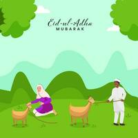 Eid-Ul-Adha Mubarak Greeting Card With Islamic Young Girl, Boy Holding Goats Animal On Green Nature View Background. vector