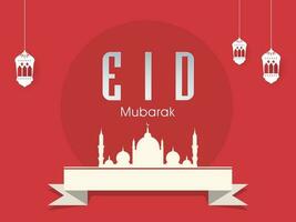 Eid Mubarak Font With Silhouette Mosque, Empty Ribbon And Lanterns Hang On Red Background. vector