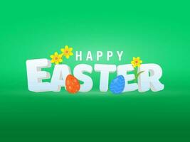 Happy Easter Concept With Printed Eggs And Flowers On Green Background. vector