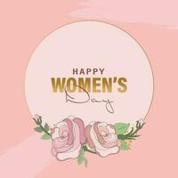 Happy Women's Day Font With Rose Floral On Circular Frame Pink Background. vector