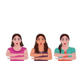 Three Young Girls Making Equality Arm Gesture On White Background. vector