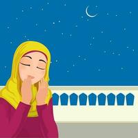 Beautiful Islamic Young Woman Offering Namaz Prayer With Crescent Moon On Blue And White Background. vector