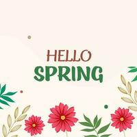 Hello Spring Font With Flowers, Leaves Stem Decorated On Pastel Pink Background. vector