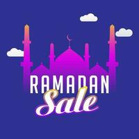 Ramadan Sale Poster Design With Silhouette Mosque, Clouds On Blue Background. vector