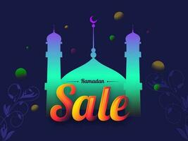 Ramadan Sale Poster Design With Gradient Mosque And Flourish On Blue Background. vector