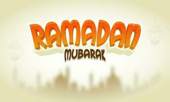 Ramadan Mubarak Font On Beige Blurred Mosque Background. vector