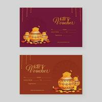 Set Of Dhanteras Gift Voucher Template Design With Gold Coin Pots, Lit Oil Lamp And Marigold Flowers. vector