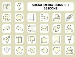 Black Linear Social Media Icon Set On Yellow And White Square Background. vector