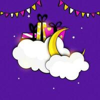 Vector Illustration Of Yellow Crescent Moon With Gift Boxes, Empty Cloud Frames, Stars And Bunting Flags Decorated Purple Background For Islamic Festival Concept.