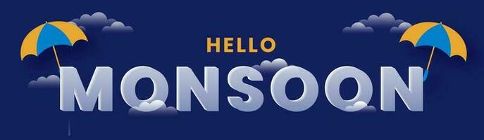 Hello Monsoon Lettering With Two Umbrella And Clouds On Blue Background. vector